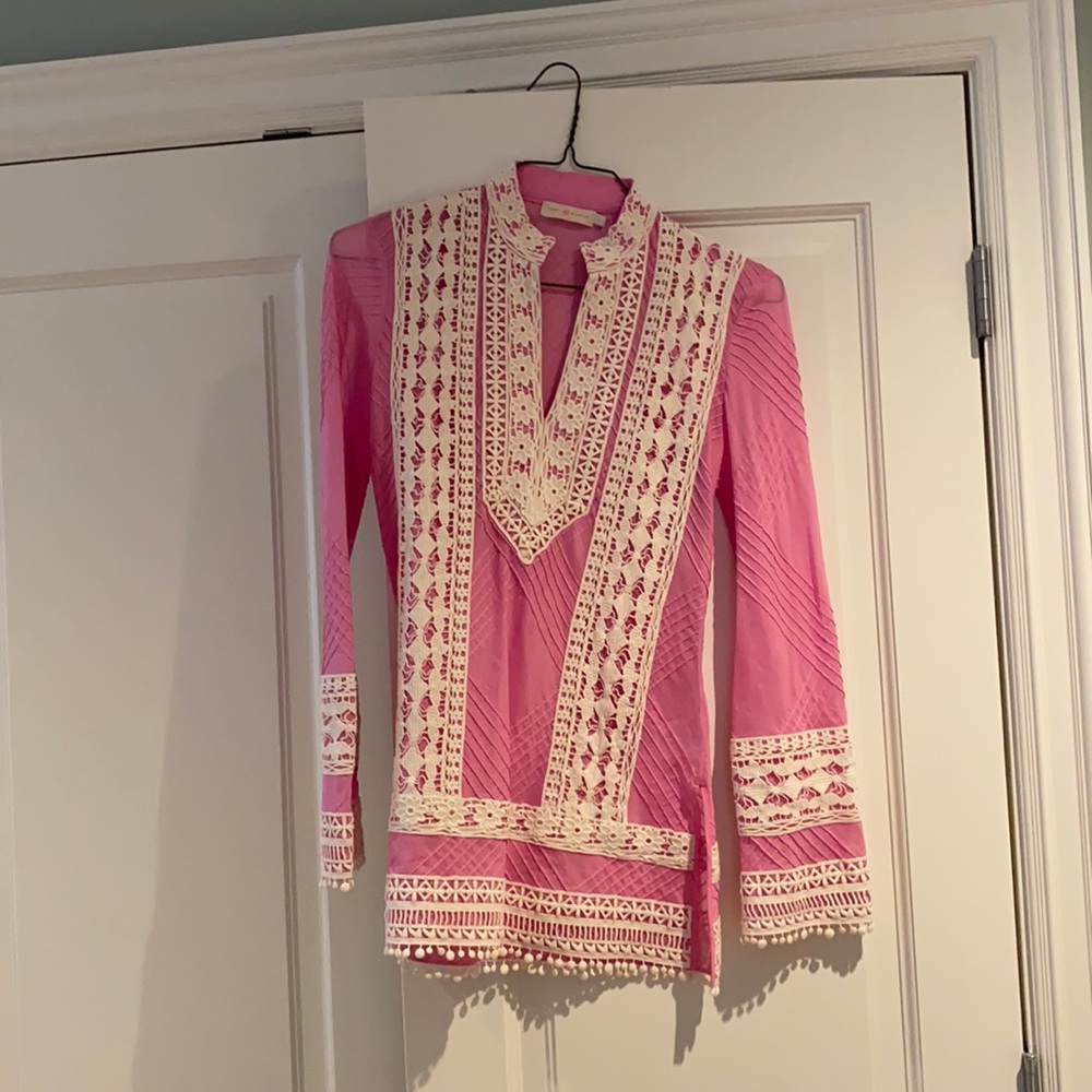 Beautiful pink Tory Burch tunic with lace edging